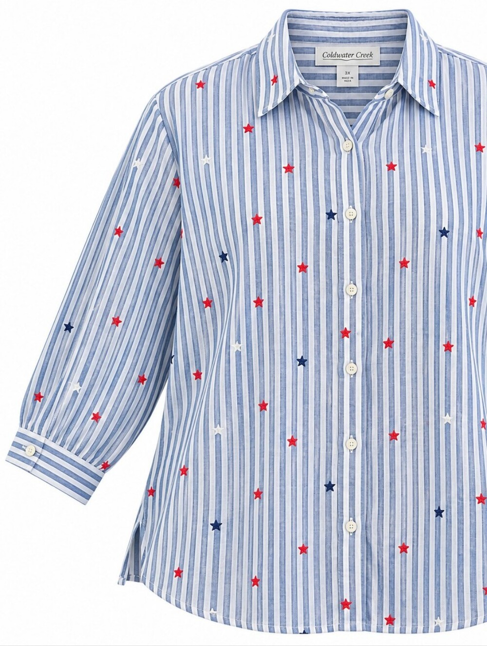 COLDWATER CREEK | 100% Linen Striped Embroidered Stars Patriotic Shirt | 3X